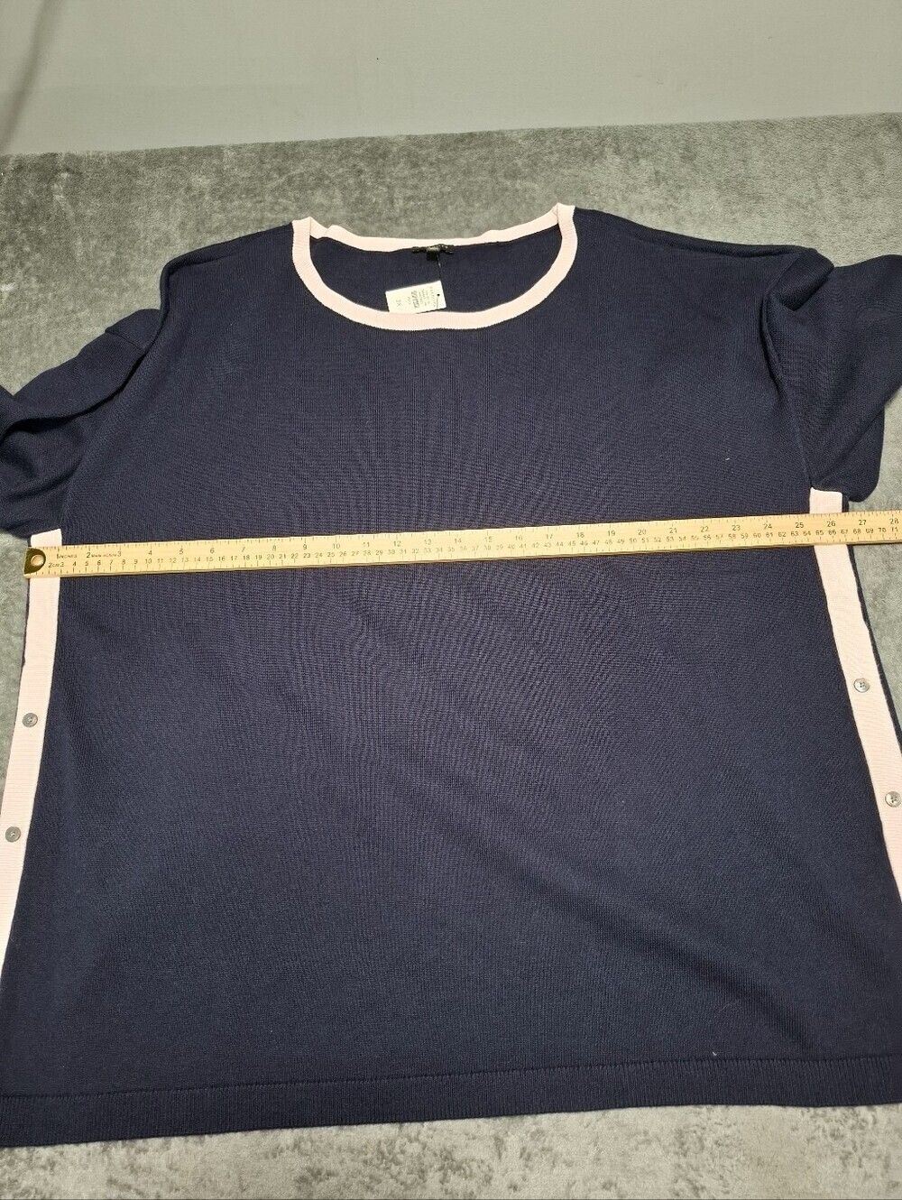 TALBOTS Womens Plus 3X Sweater Knit Navy Blue Striped Side Buttons Pink Trim - Picture 6 of 11